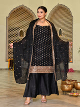 Zareen Black & Gold Embellished Silk Blend Kurta Sharara Set with Dupatta