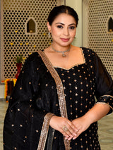 Zareen Black & Gold Embellished Silk Blend Kurta Sharara Set with Dupatta
