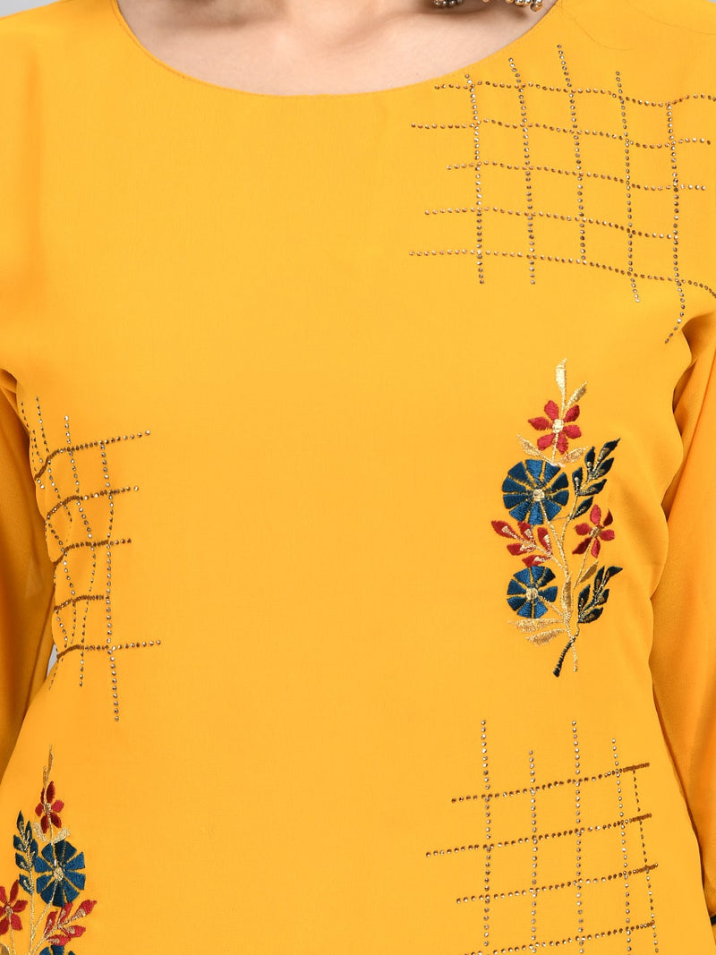 Women Yellow Georgette Cross Stones and embroidery Kurta Palazzo Set