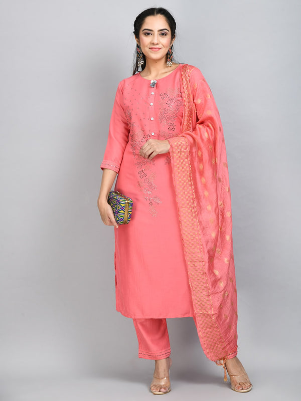 Pink Embellished Kurta Set with Dupatta