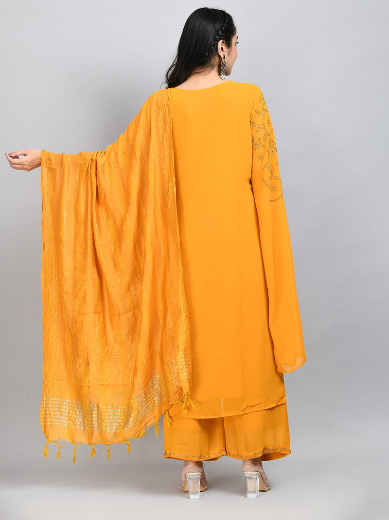 Women Yellow Georgette Stylish Sleeves Kurta Set