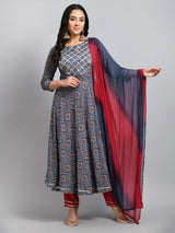 Plus Size Women Grey Printed Anarkali Kurta Set