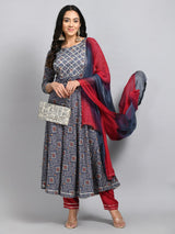 Plus Size Women Grey Printed Anarkali Kurta Set