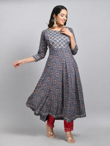 Plus Size Women Grey Printed Anarkali Kurta Set