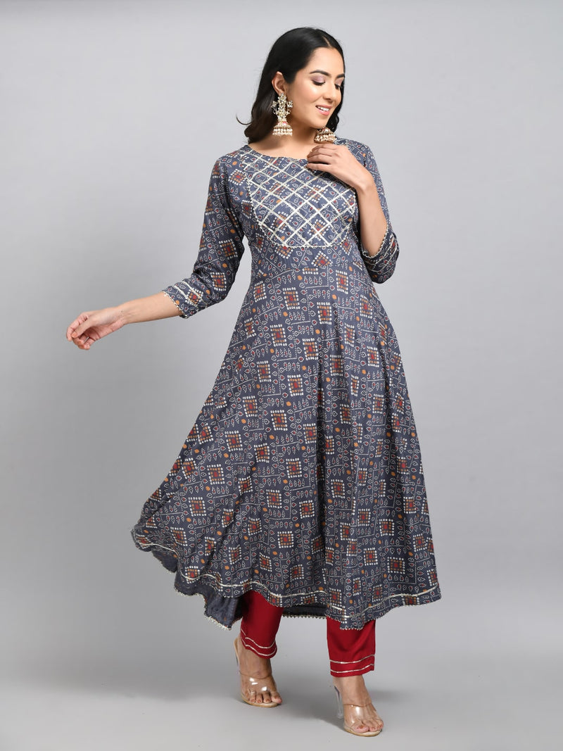 Plus Size Women Grey Printed Anarkali Kurta Set