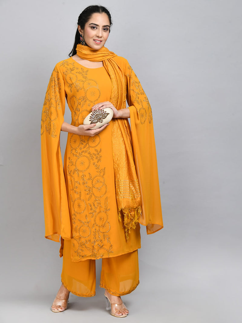 Women Yellow Georgette Stylish Sleeves Kurta Set