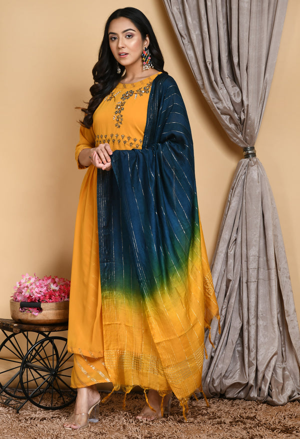 Women Yellow Nyraa Cut Embellished Kurta Set with Dupatta