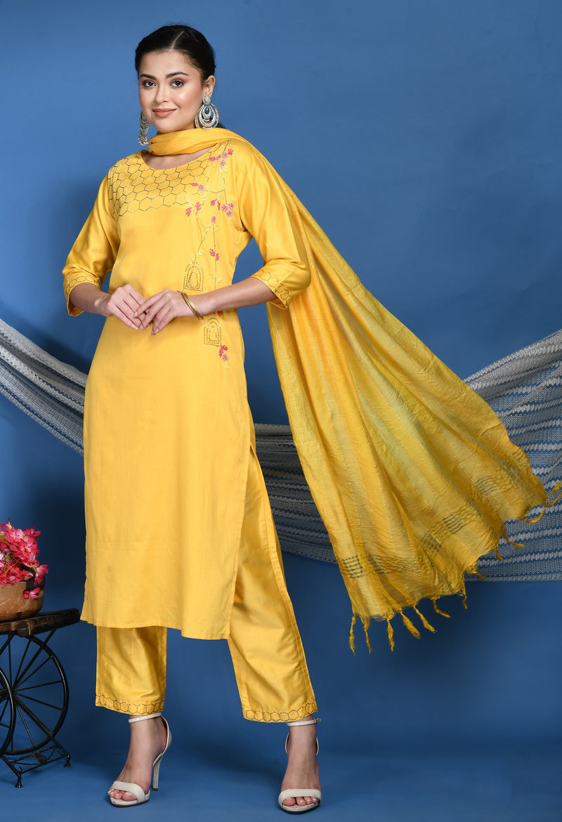 Women Yellow Honeycomb Embroided Designer Kurta Pant Set