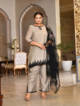 Celeste Grey Pakistani Mul Chanderi Suit Set with Dupatta