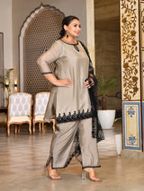 Celeste Grey Pakistani Mul Chanderi Suit Set with Dupatta