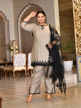 Celeste Grey Pakistani Mul Chanderi Suit Set with Dupatta