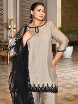 Celeste Grey Pakistani Mul Chanderi Suit Set with Dupatta