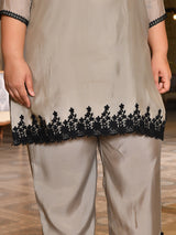 Celeste Grey Pakistani Mul Chanderi Suit Set with Dupatta