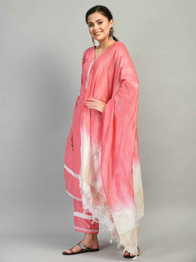 Women Stunning Pink Lace and Work Kurta Set