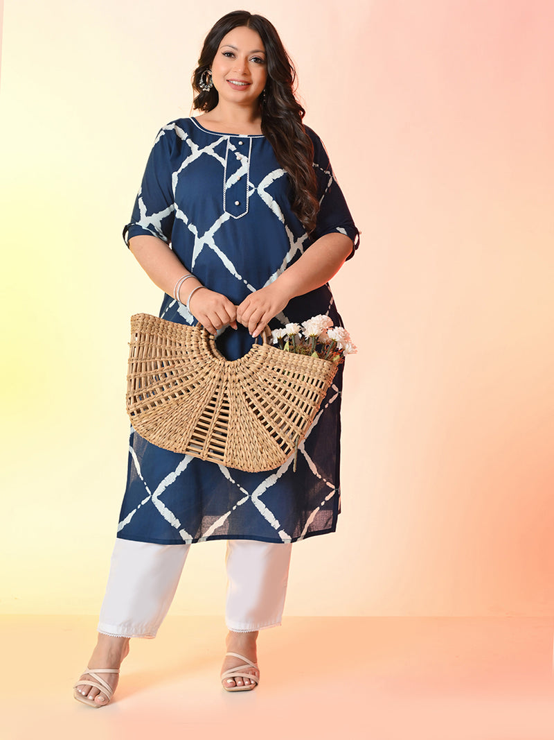 Plus Size Navy Blue Printed Cotton Kurta