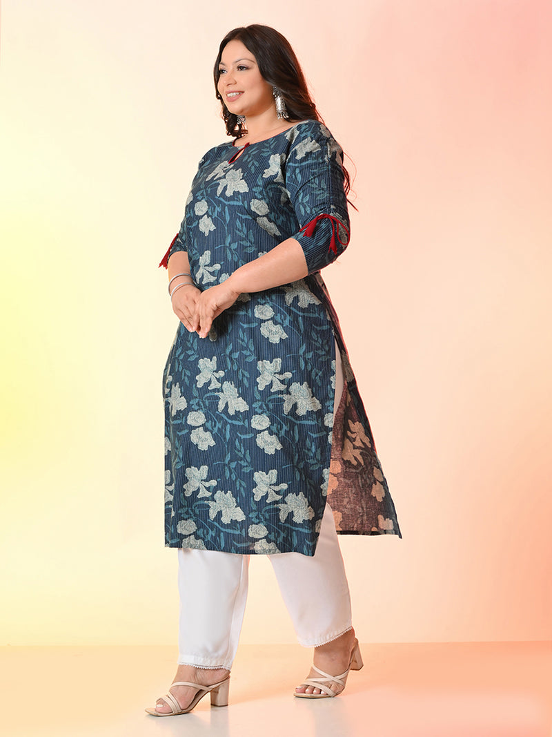 Plus Size Teal Blue Tagai Printed Cotton Kurta