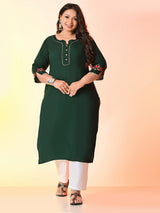 Plus Size Bottle Green Aari Embroidered Rayon Kurta