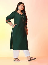 Plus Size Bottle Green Aari Embroidered Rayon Kurta