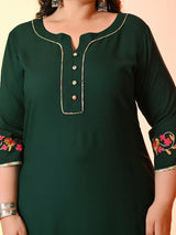 Plus Size Bottle Green Aari Embroidered Rayon Kurta