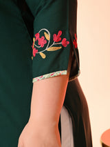 Plus Size Bottle Green Aari Embroidered Rayon Kurta