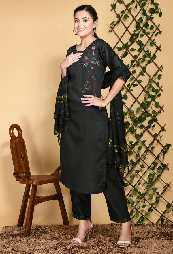 Women Dark Grey Honeycomb Embroided Designer Kurta Pant Set