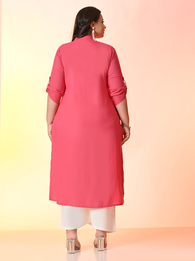 Plus Size Pink Straight Solid Rayon Kurta