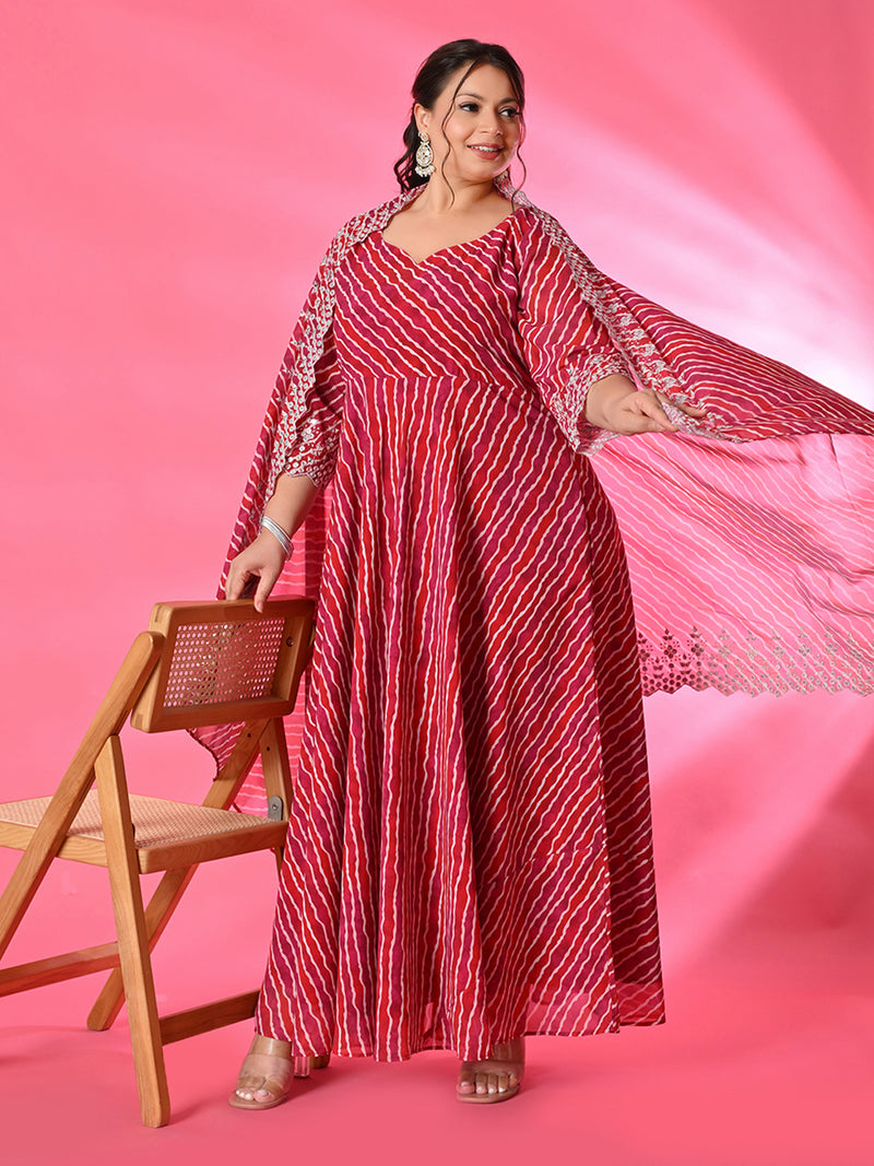 Plus Size Rani Pink Leheriya Anarkali with Dupatta