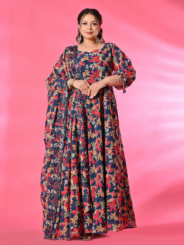 Plus Size Teal Blue Digital Printed Anarkali with Dupatta