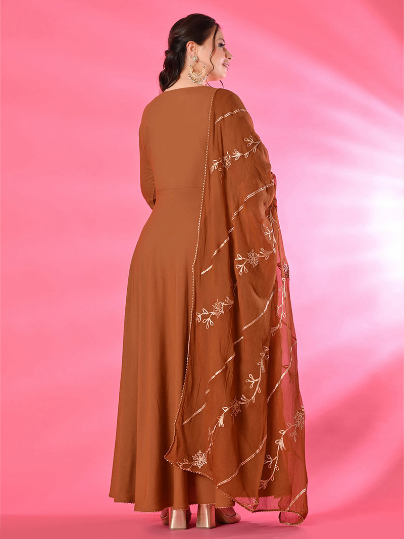Plus Size Amber Glow Anarkali Set with Embroidered Dupatta