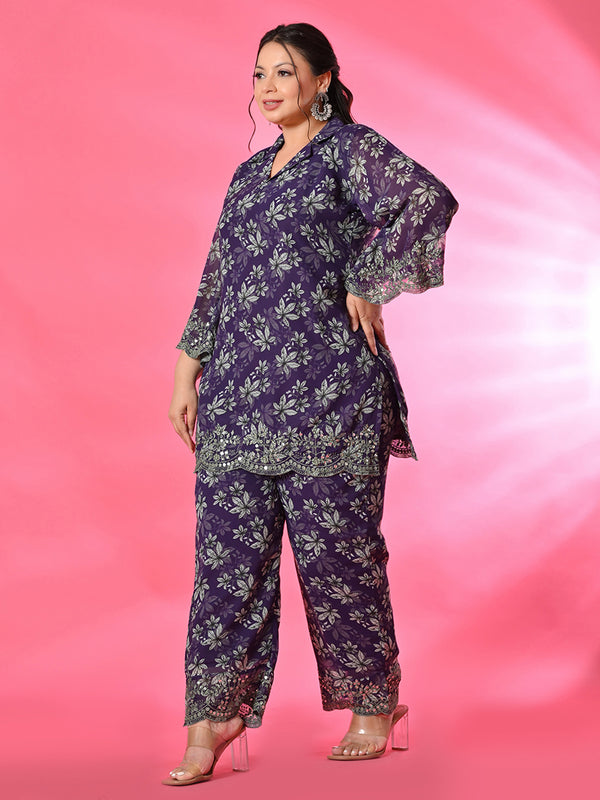 Plus Size Purple Georgette Embroidered Co-ord Set