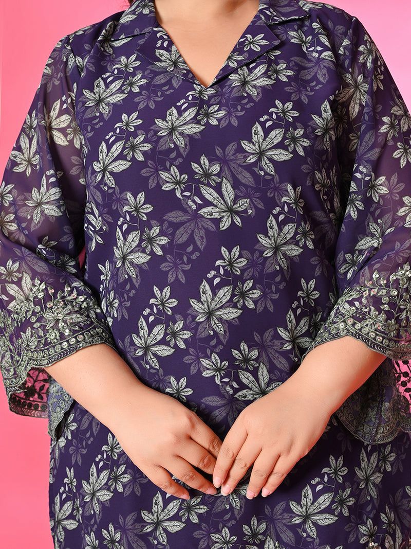 Plus Size Purple Georgette Embroidered Co-ord Set