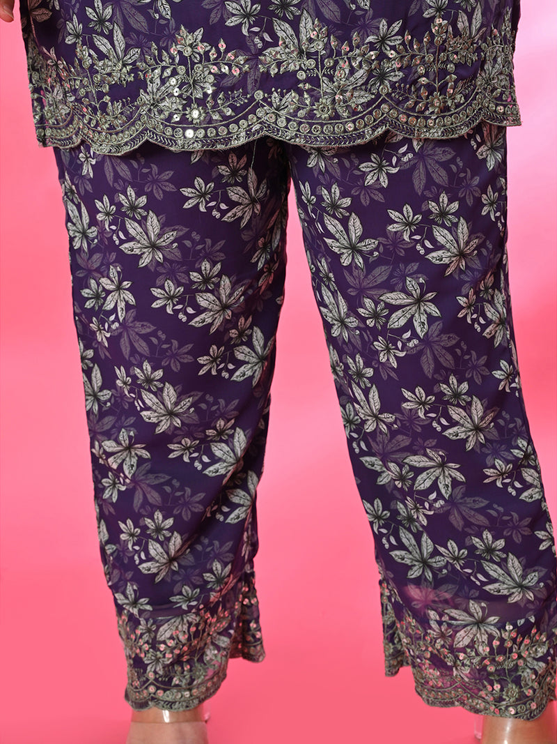 Plus Size Purple Georgette Embroidered Co-ord Set