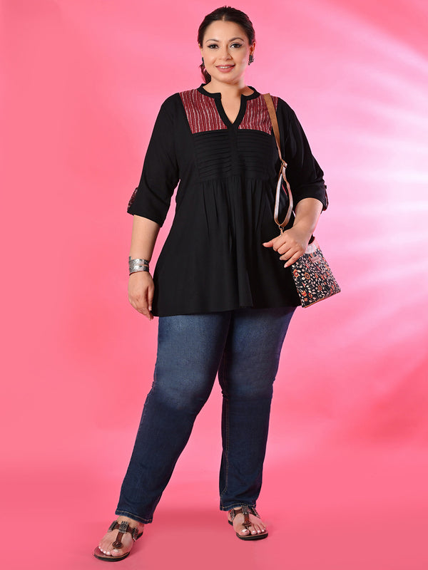 Plus Size Black Pleated Tunic with Maroon Yoke Detailing