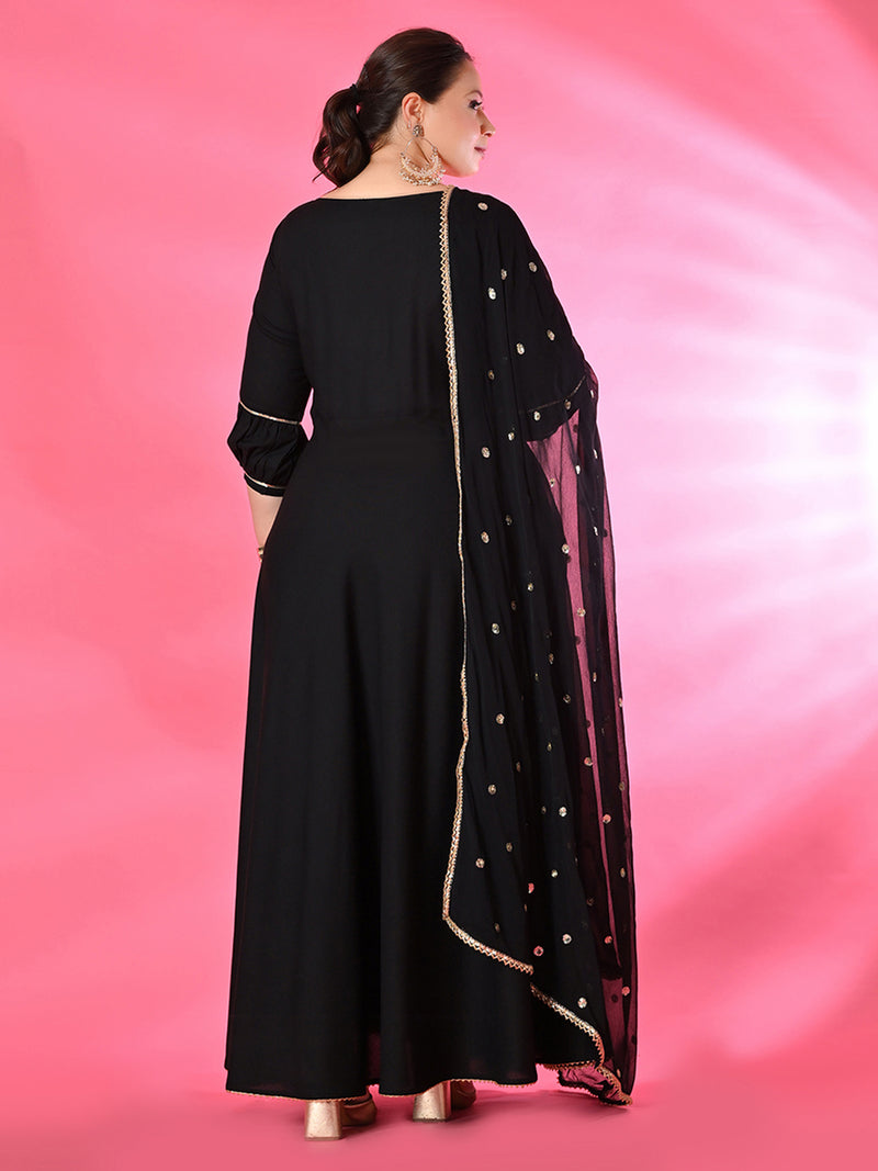 Plus Size Zehra Black Anarkali Kurta Set with Embellished Dupatta