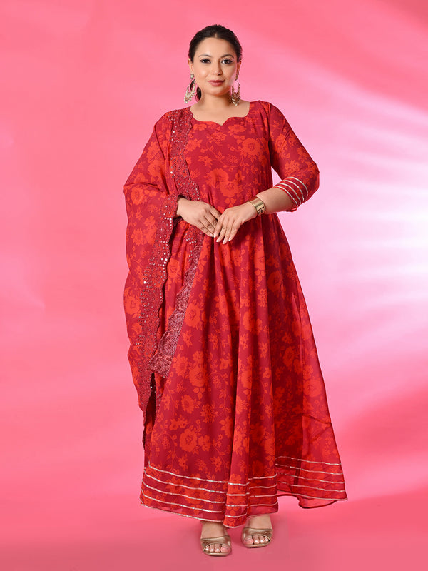Plus Size Rani Pink Digital Printed Anarkali with Dupatta