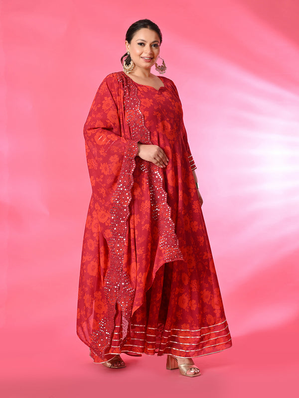 Plus Size Rani Pink Digital Printed Anarkali with Dupatta