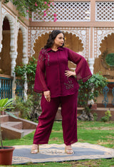 Plus Size Regal Wine Georgette Collared Co-ord Set with Intricate Handwork