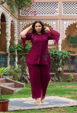 Plus Size Regal Wine Georgette Collared Co-ord Set with Intricate Handwork