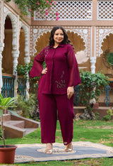 Plus Size Regal Wine Georgette Collared Co-ord Set with Intricate Handwork