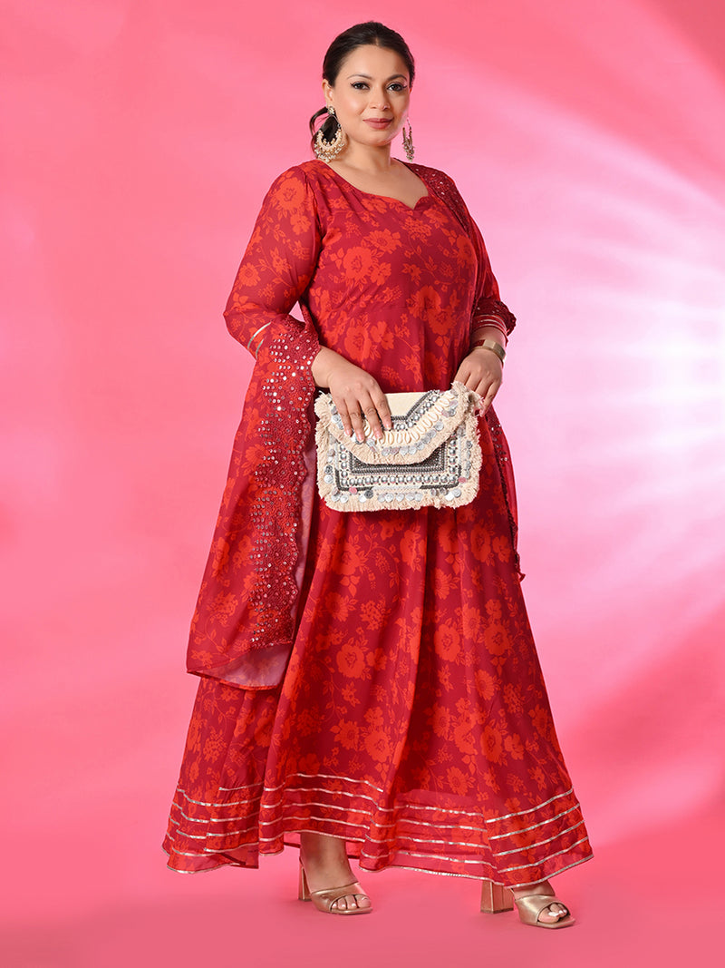Plus Size Rani Pink Digital Printed Anarkali with Dupatta