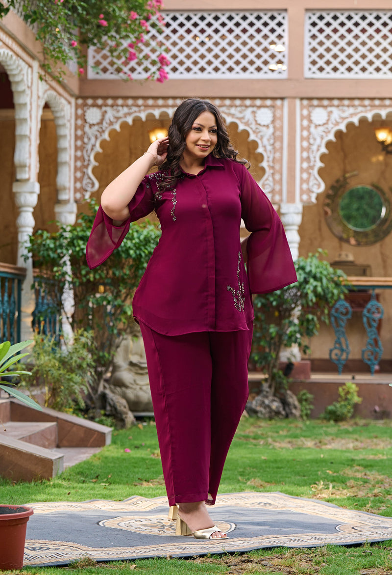 Plus Size Regal Wine Georgette Collared Co-ord Set with Intricate Handwork