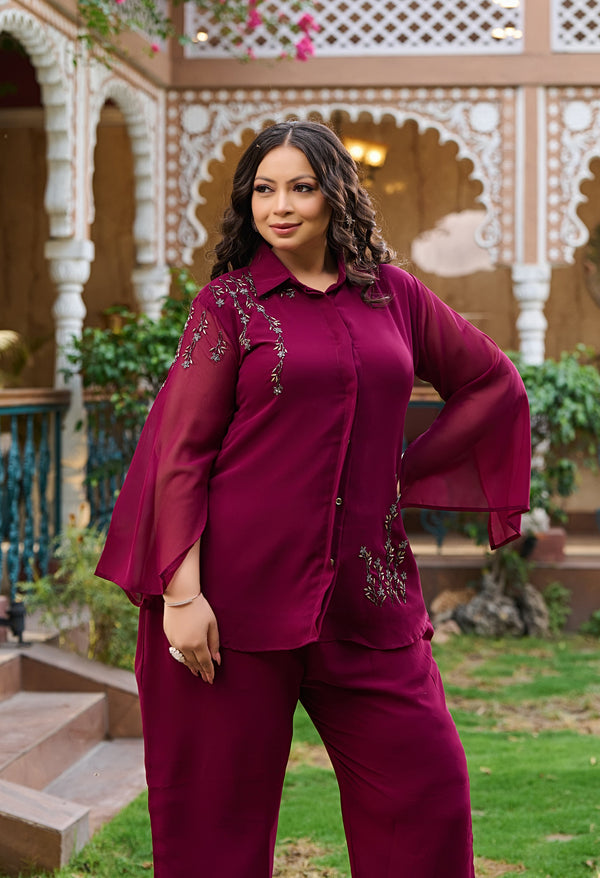 Plus Size Regal Wine Georgette Collared Co-ord Set with Intricate Handwork