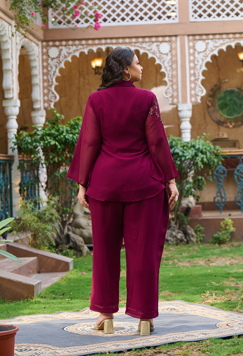 Plus Size Regal Wine Georgette Collared Co-ord Set with Intricate Handwork