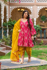 Plus Size Vibrant Rani Pink Tulip Pant Set with Dupatta