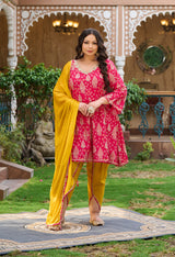 Plus Size Vibrant Rani Pink Tulip Pant Set with Dupatta