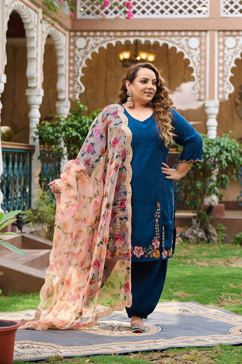 Plus Size Teal Blue Silk Kurta Harem Set with Organza Dupatta