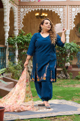 Plus Size Teal Blue Silk Kurta Harem Set with Organza Dupatta