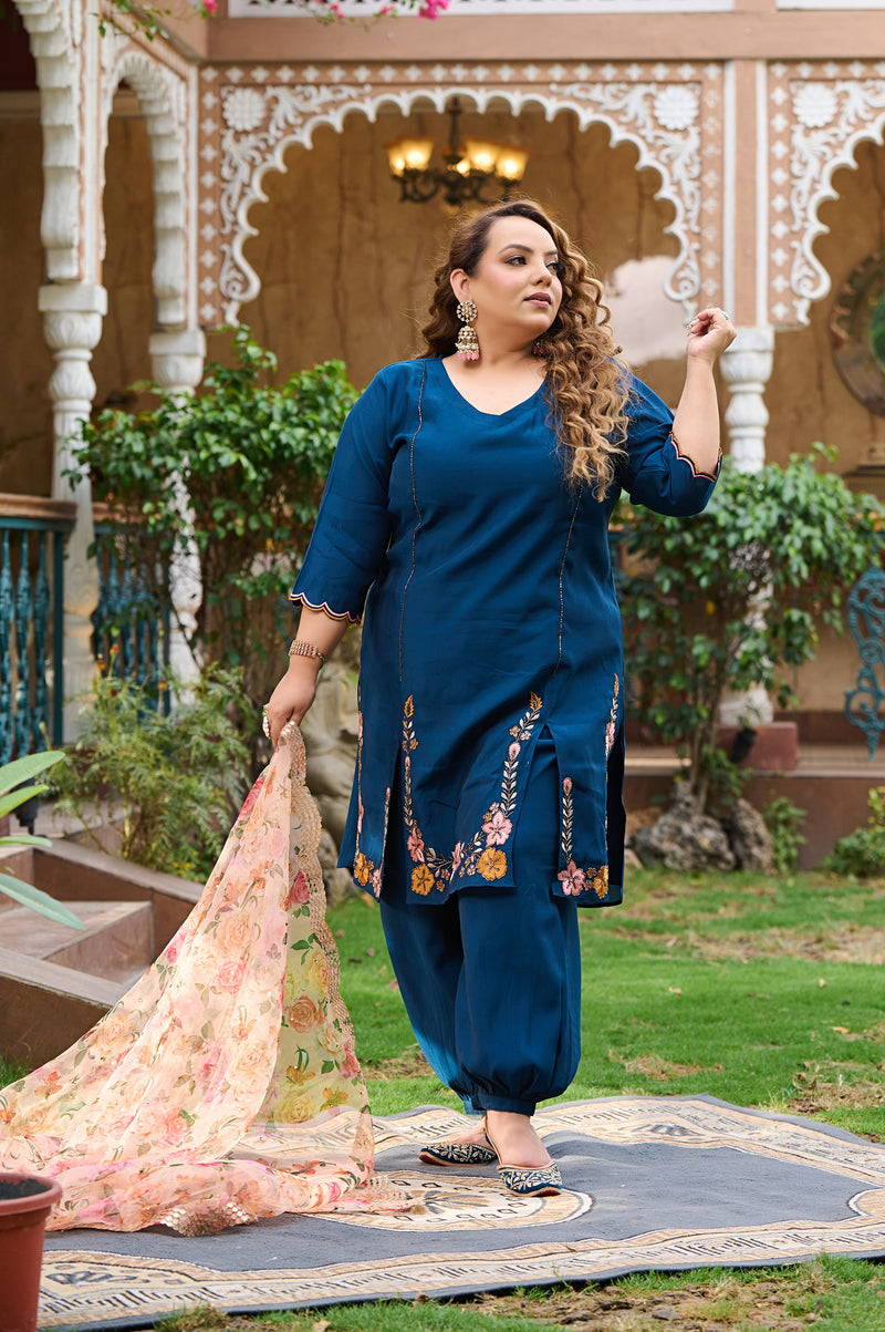 Plus Size Teal Blue Silk Kurta Harem Set with Organza Dupatta