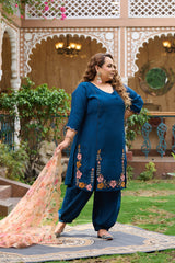 Plus Size Teal Blue Silk Kurta Harem Set with Organza Dupatta