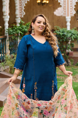 Plus Size Teal Blue Silk Kurta Harem Set with Organza Dupatta